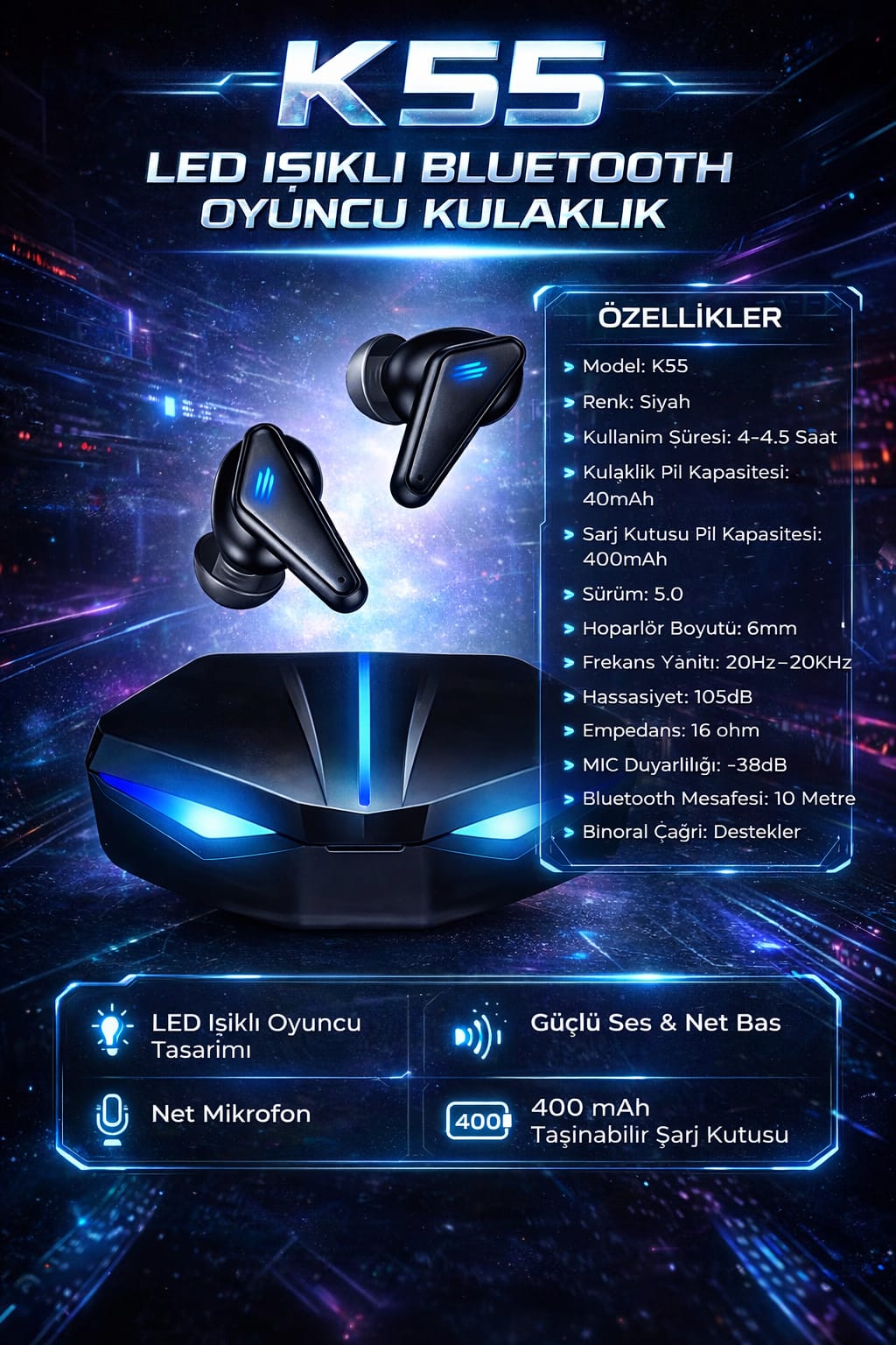 K55 LED Gaming TWS Kulaklık